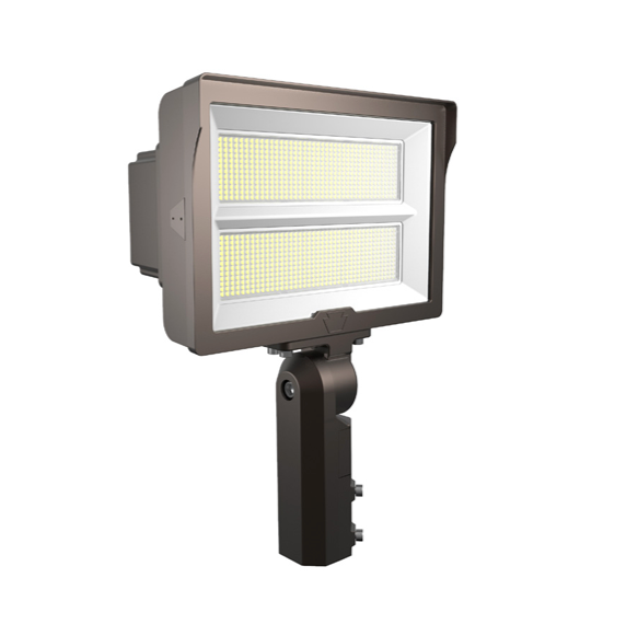 140W LED Flood Light feat. Power Select, Color Select. Rectangular Series 2 with Built-in Photocell. 120-277V Input, 3000K/4000K/5000K. Standard Bronze Housing. 6H x 6W Distribution, Slip Fitter and Trunnion Mount Included.