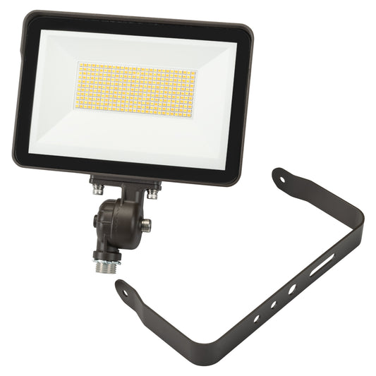 60W LED Flood Light feat. Color Select, Rectangular Series 1 with built in photocell. 120-277V Input, 3000K/4000K/5000K. Standard Bronze Housing. Wide Beam Spread, Universal Mount (1/2in Knucle Mount with Yoke Mount option included) Dimmable